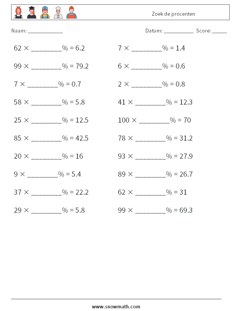 Zoek de procenten Wiskundige werkbladen 3