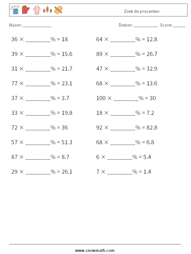 Zoek de procenten Wiskundige werkbladen 5