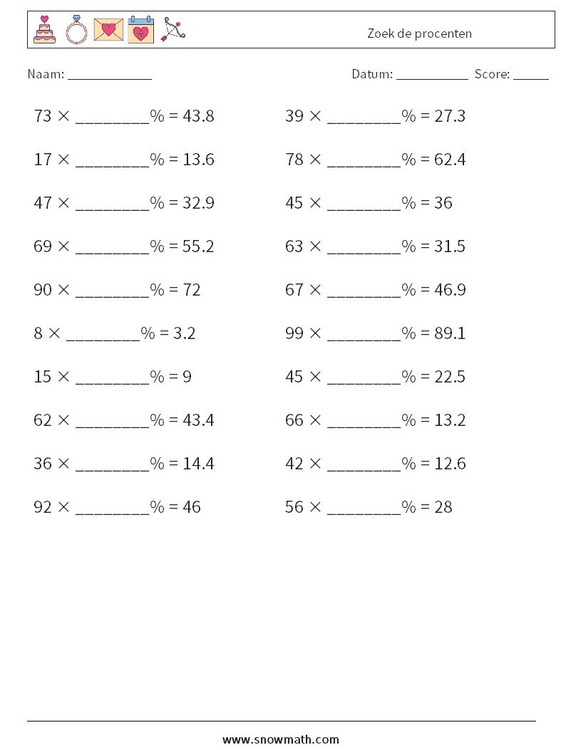 Zoek de procenten Wiskundige werkbladen 6