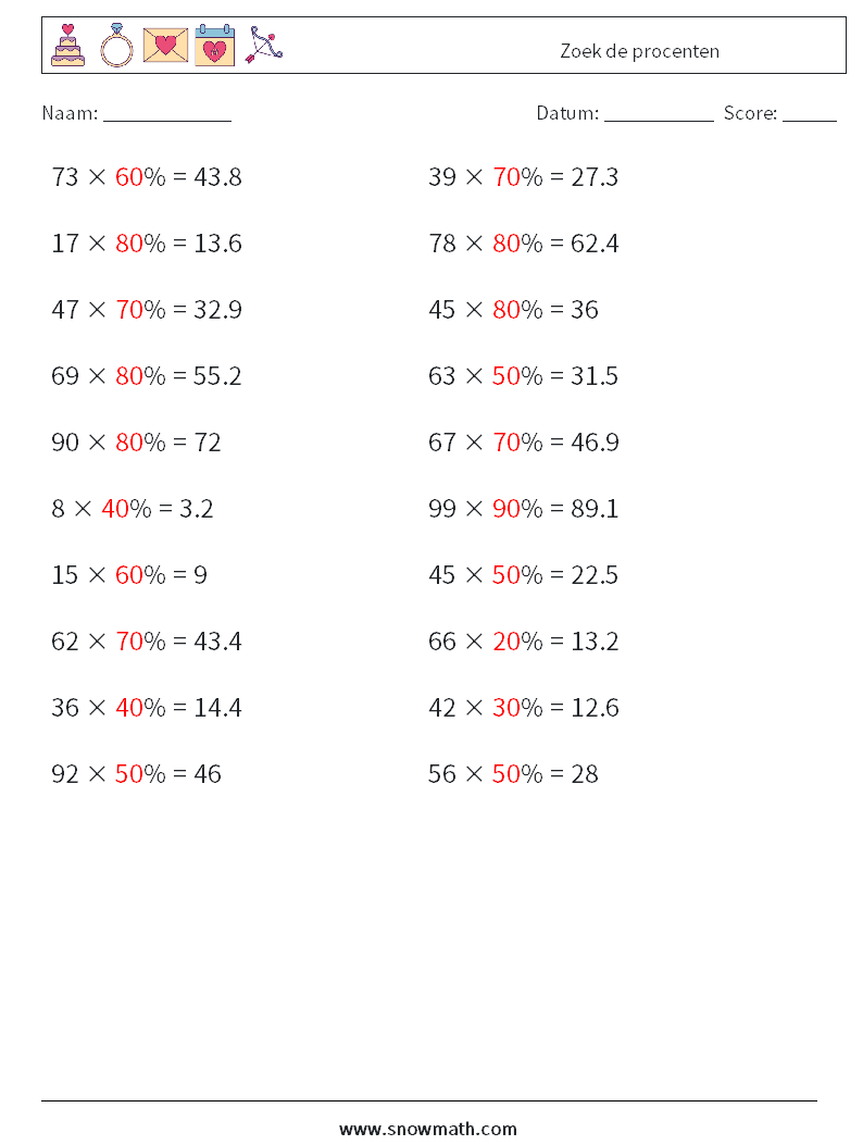 Zoek de procenten Wiskundige werkbladen 6 Vraag, Antwoord