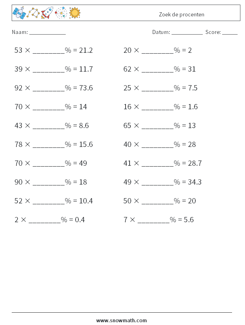 Zoek de procenten Wiskundige werkbladen 7
