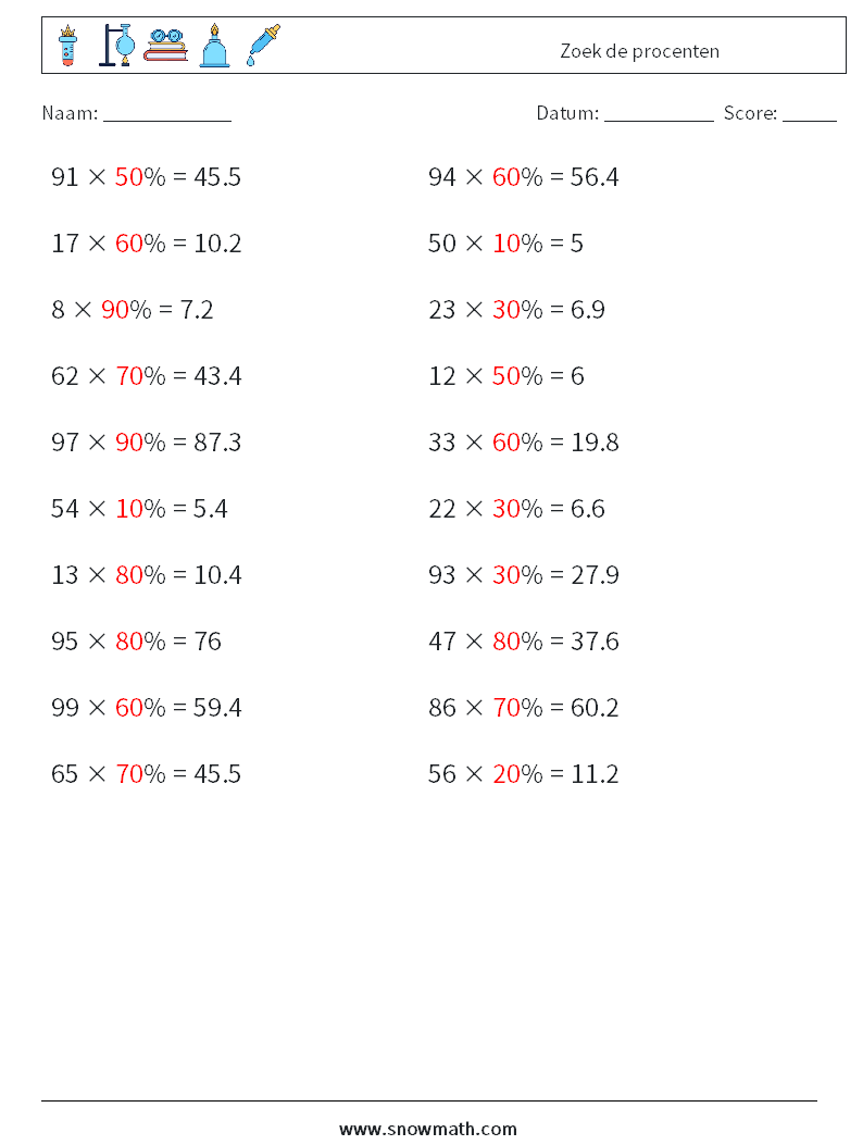 Zoek de procenten Wiskundige werkbladen 8 Vraag, Antwoord