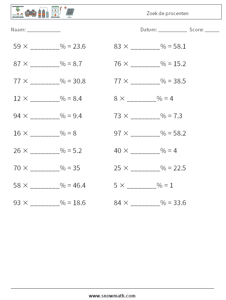 Zoek de procenten Wiskundige werkbladen 9