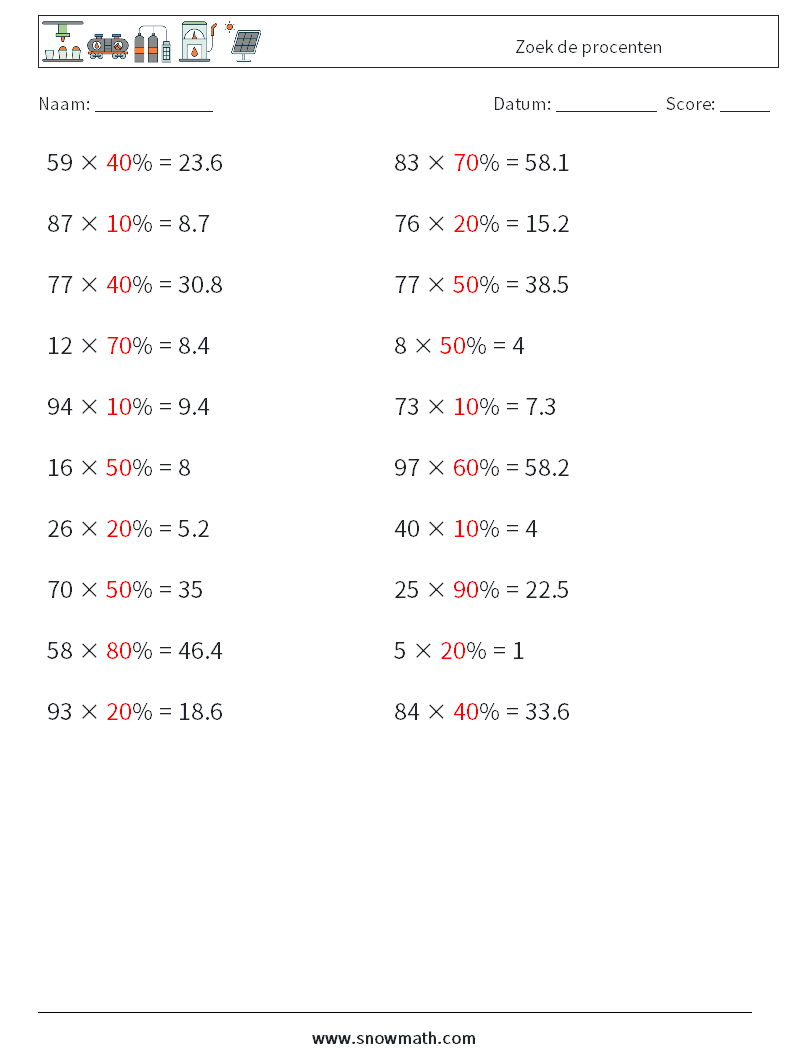 Zoek de procenten Wiskundige werkbladen 9 Vraag, Antwoord