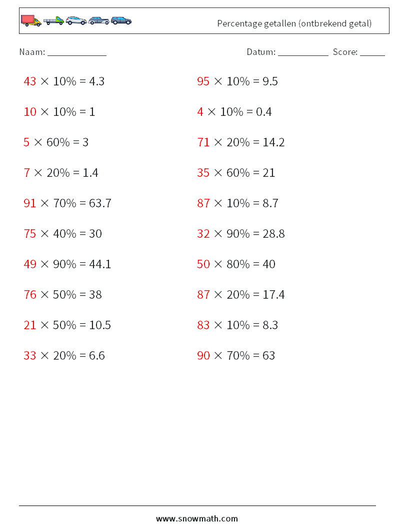 Percentage getallen (ontbrekend getal) Wiskundige werkbladen 2 Vraag, Antwoord