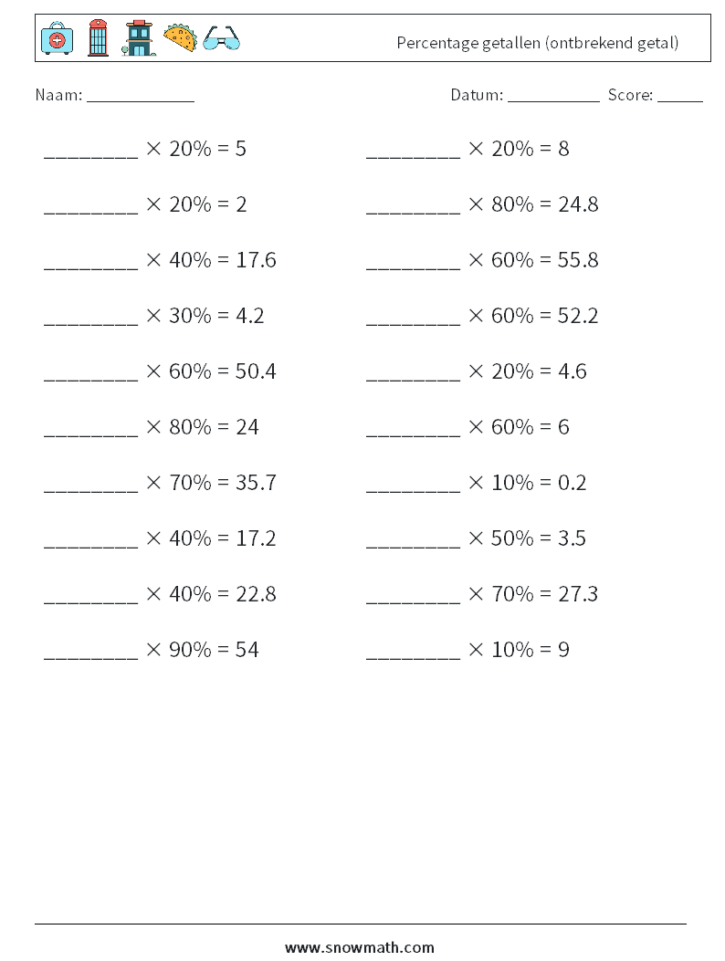 Percentage getallen (ontbrekend getal) Wiskundige werkbladen 4