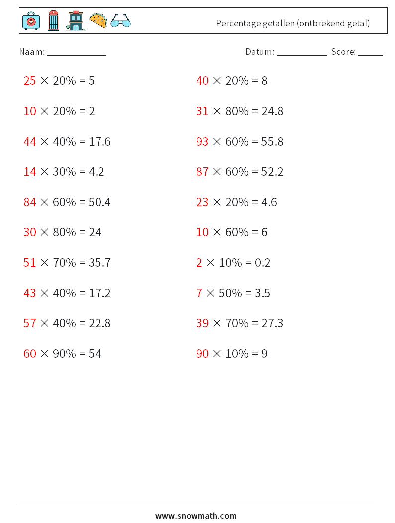 Percentage getallen (ontbrekend getal) Wiskundige werkbladen 4 Vraag, Antwoord