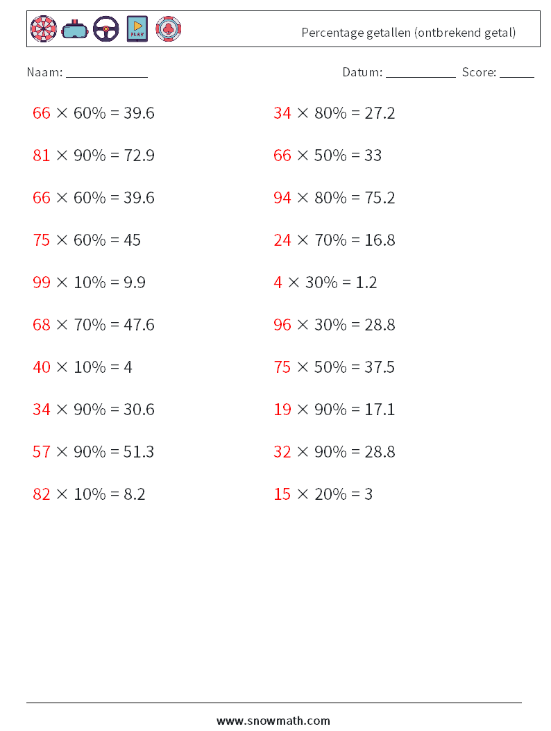 Percentage getallen (ontbrekend getal) Wiskundige werkbladen 5 Vraag, Antwoord