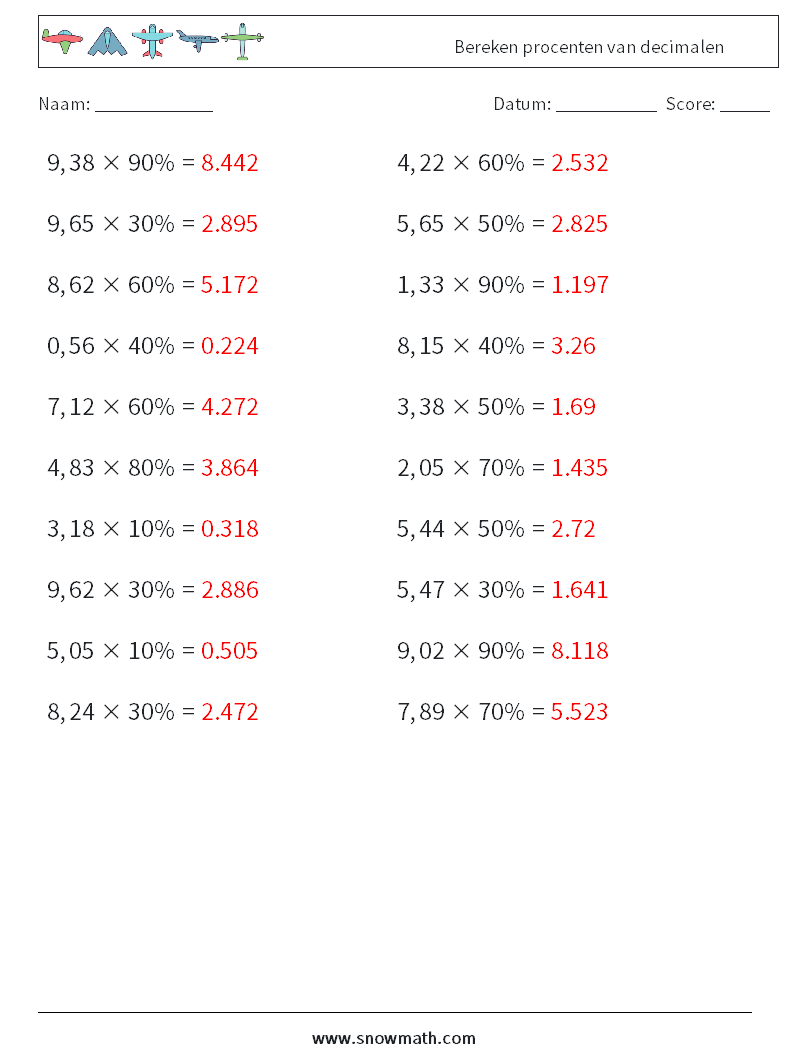 Bereken procenten van decimalen Wiskundige werkbladen 3 Vraag, Antwoord