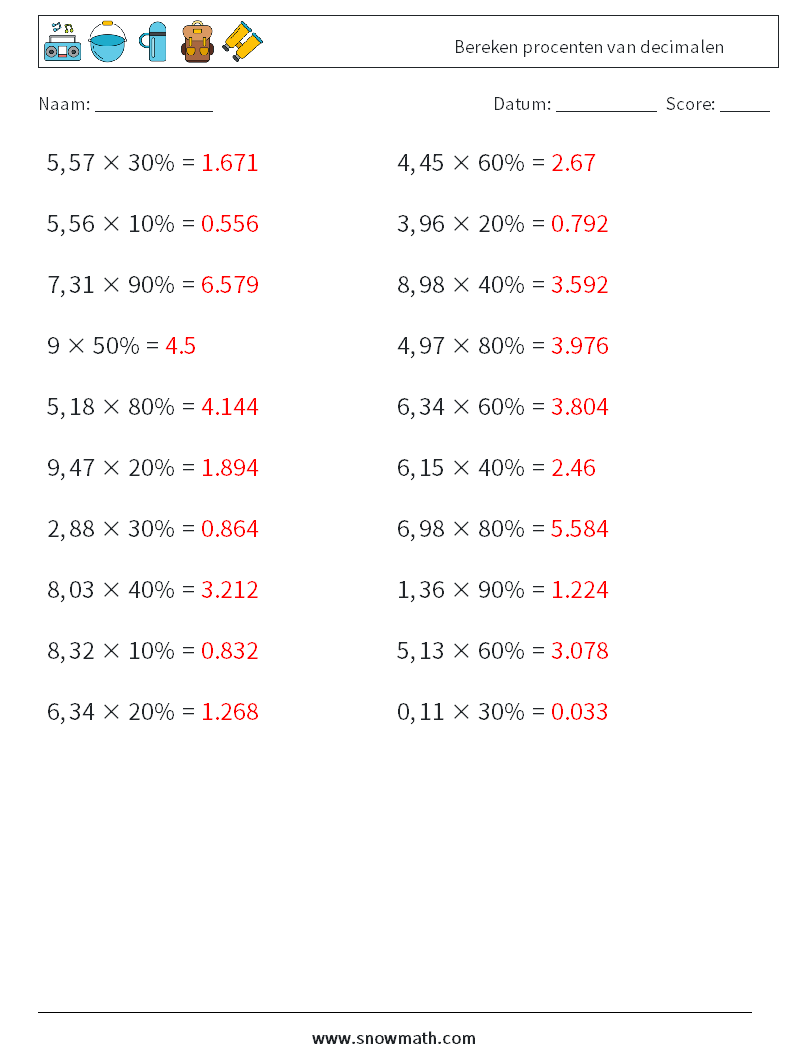 Bereken procenten van decimalen Wiskundige werkbladen 4 Vraag, Antwoord