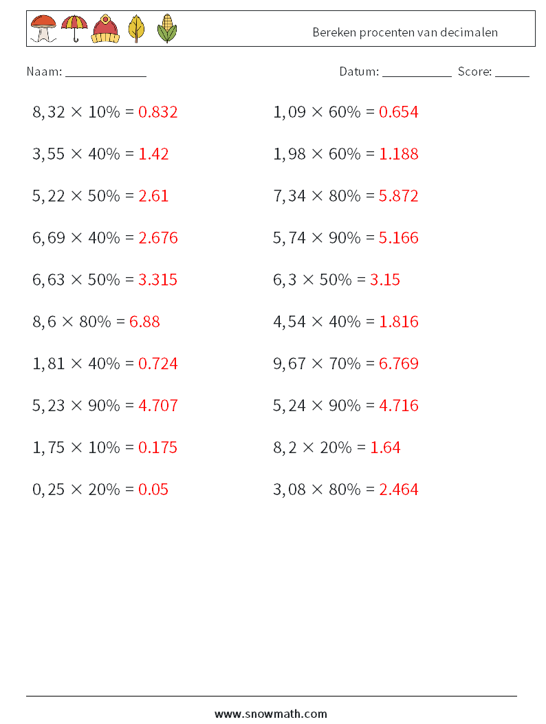 Bereken procenten van decimalen Wiskundige werkbladen 5 Vraag, Antwoord