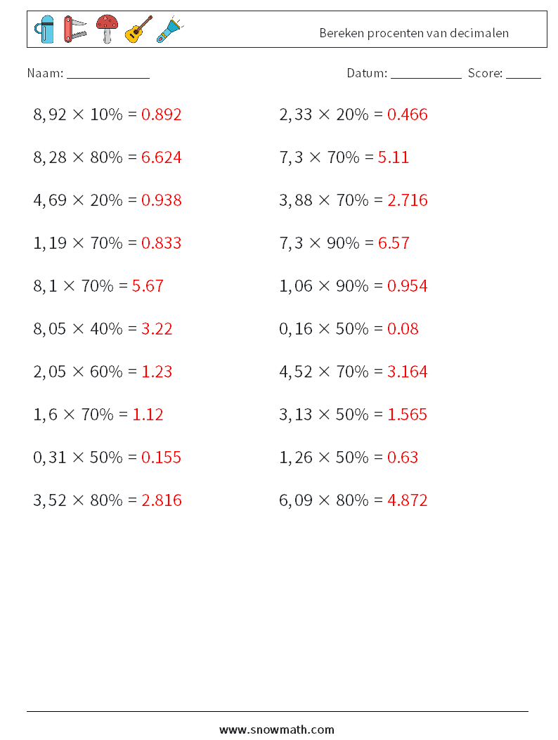 Bereken procenten van decimalen Wiskundige werkbladen 7 Vraag, Antwoord