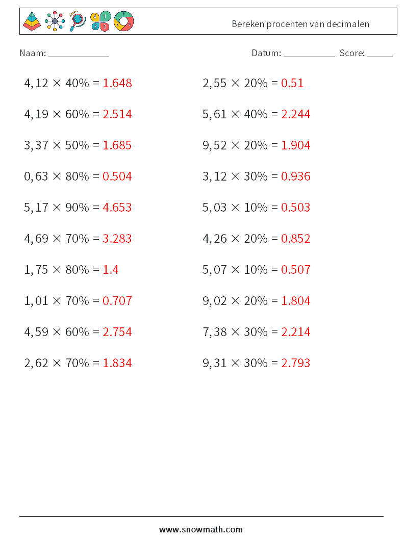 Bereken procenten van decimalen Wiskundige werkbladen 8 Vraag, Antwoord