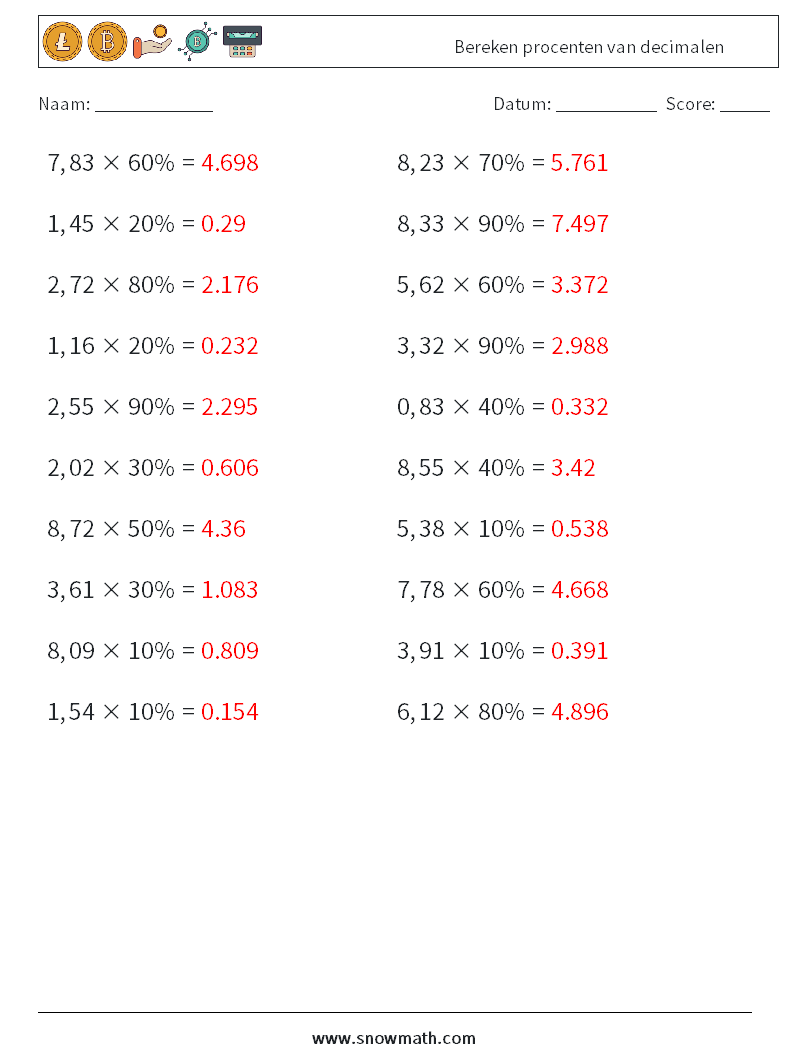 Bereken procenten van decimalen Wiskundige werkbladen 9 Vraag, Antwoord