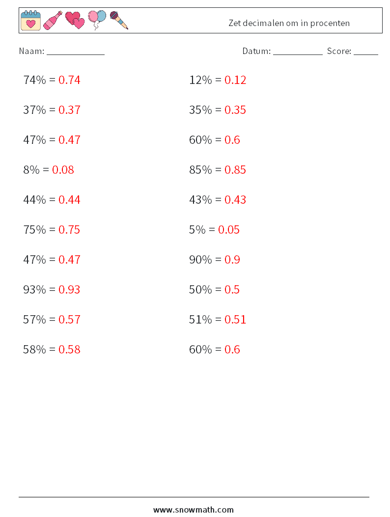 Zet ​​decimalen om in procenten Wiskundige werkbladen 7 Vraag, Antwoord