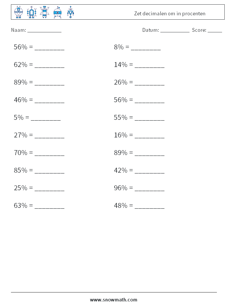 Zet ​​decimalen om in procenten Wiskundige werkbladen 8