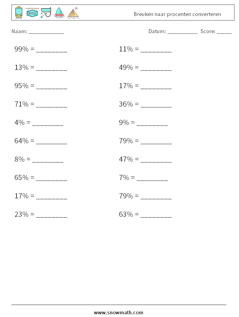 Breuken naar procenten converteren Wiskundige werkbladen 2