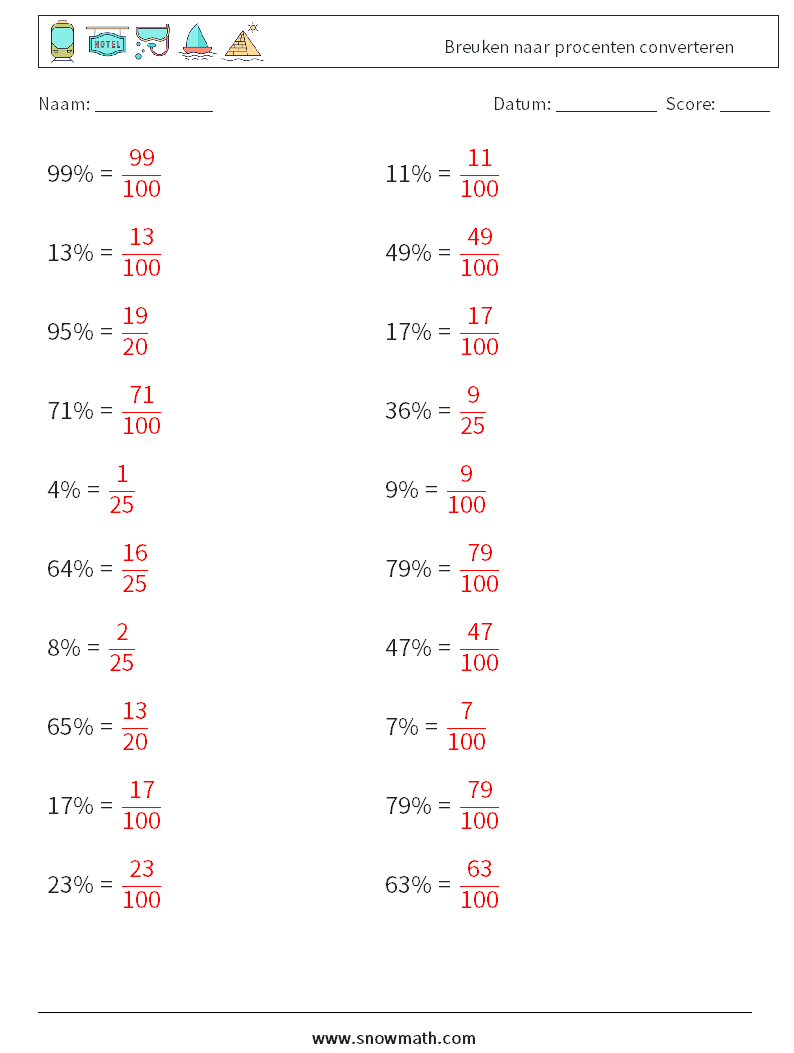 Breuken naar procenten converteren Wiskundige werkbladen 2 Vraag, Antwoord