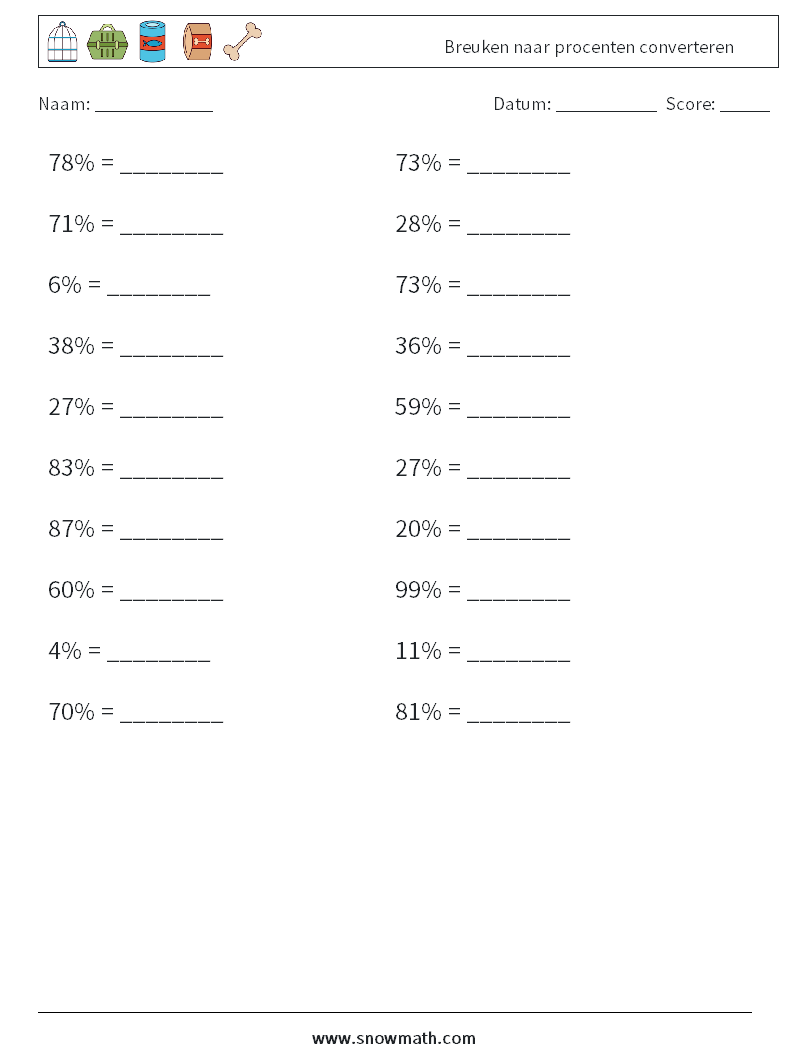 Breuken naar procenten converteren Wiskundige werkbladen 4