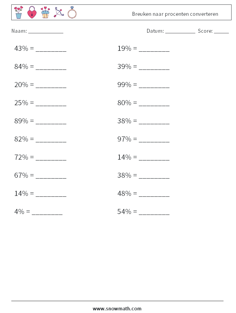Breuken naar procenten converteren Wiskundige werkbladen 5
