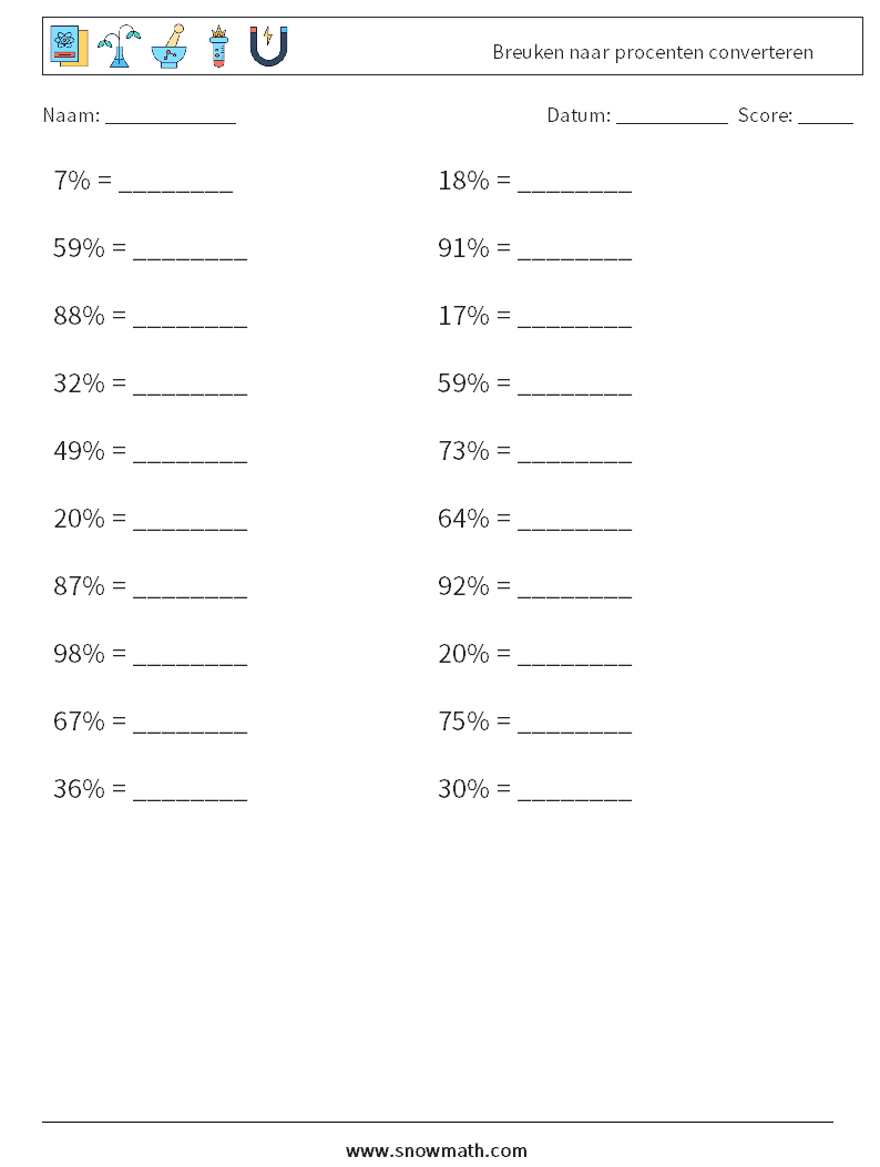 Breuken naar procenten converteren Wiskundige werkbladen 6