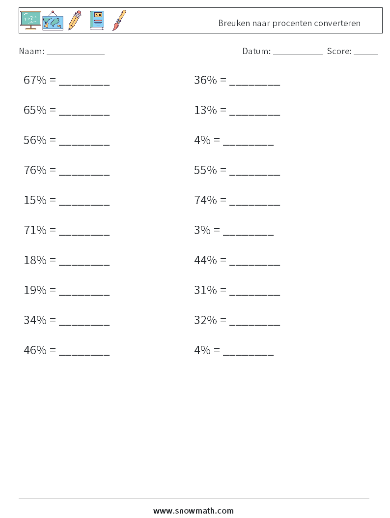 Breuken naar procenten converteren Wiskundige werkbladen 8