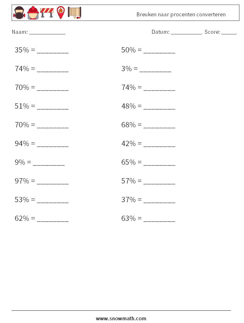 Breuken naar procenten converteren Wiskundige werkbladen 9