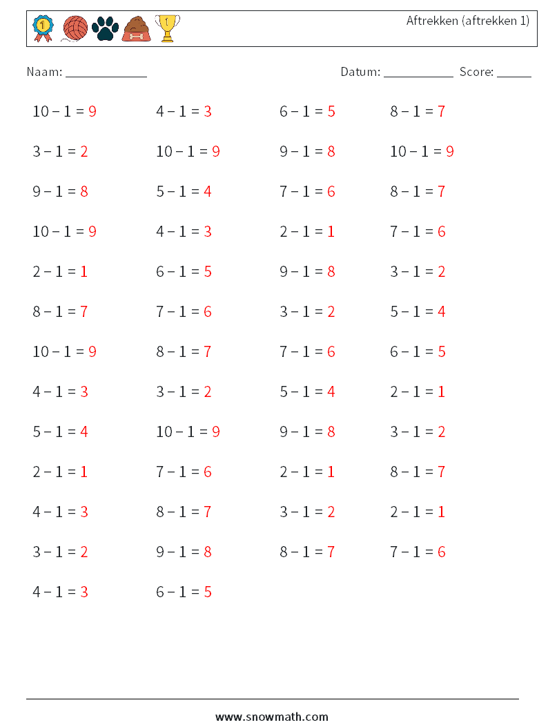 (50) Aftrekken (aftrekken 1) Wiskundige werkbladen 1 Vraag, Antwoord