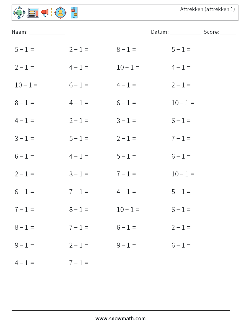 (50) Aftrekken (aftrekken 1) Wiskundige werkbladen 2