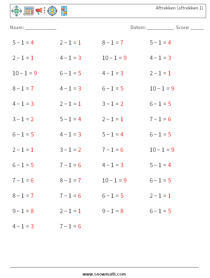 (50) Aftrekken (aftrekken 1) Wiskundige werkbladen 2 Vraag, Antwoord