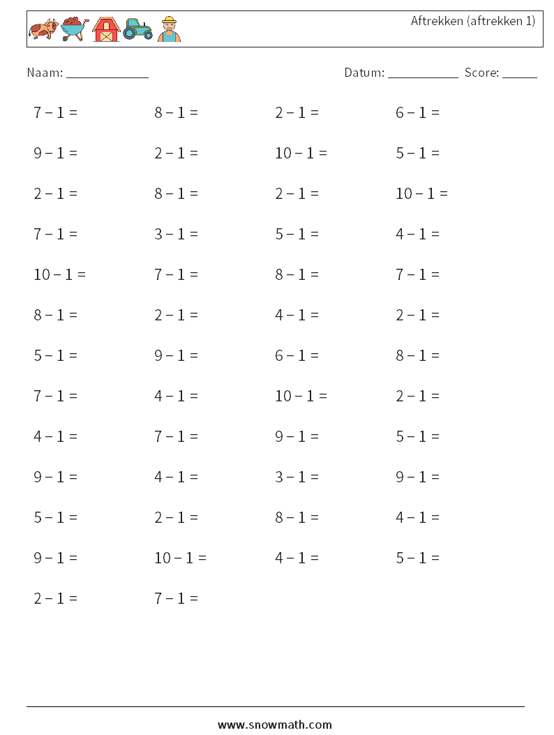 (50) Aftrekken (aftrekken 1) Wiskundige werkbladen 3