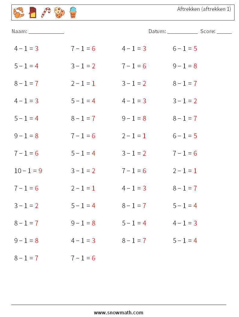 (50) Aftrekken (aftrekken 1) Wiskundige werkbladen 4 Vraag, Antwoord