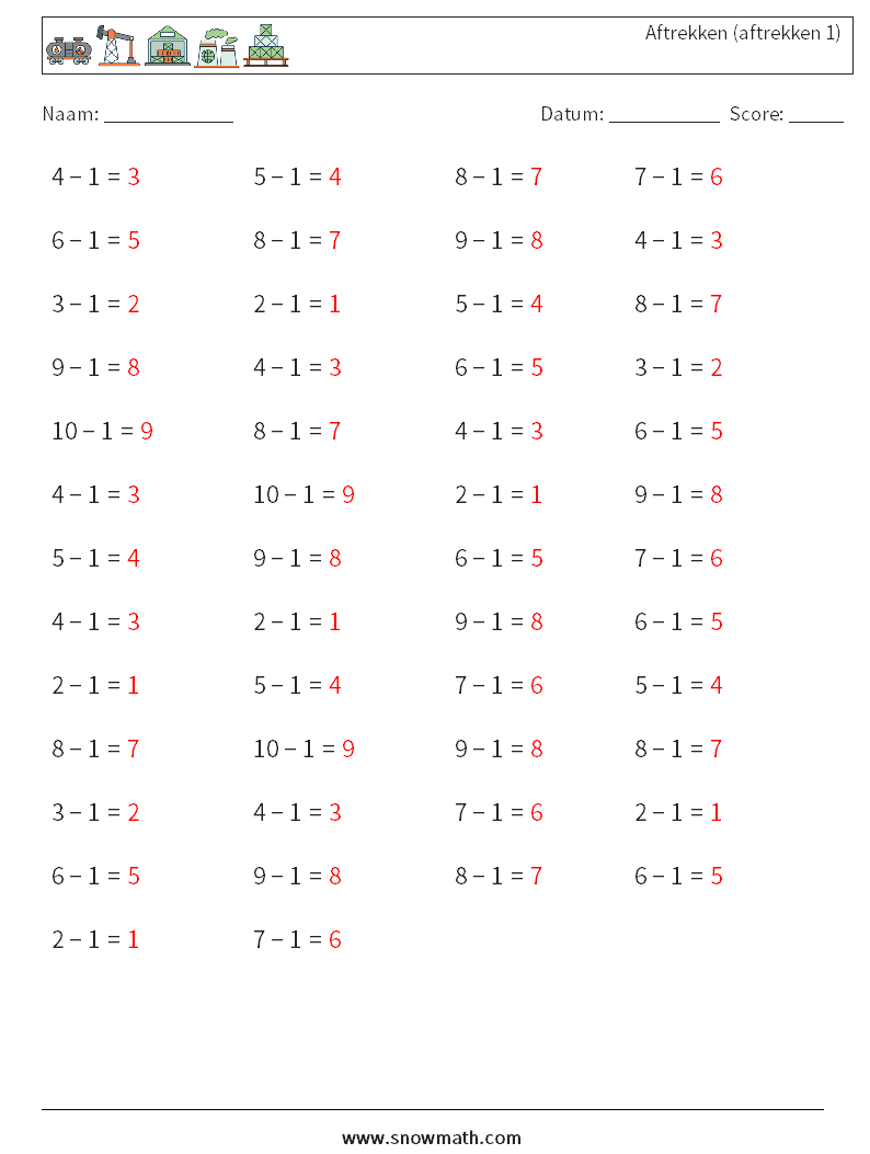 (50) Aftrekken (aftrekken 1) Wiskundige werkbladen 5 Vraag, Antwoord