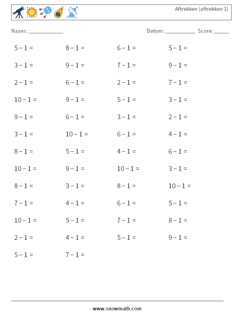 (50) Aftrekken (aftrekken 1) Wiskundige werkbladen 6