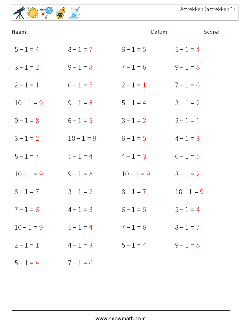 (50) Aftrekken (aftrekken 1) Wiskundige werkbladen 6 Vraag, Antwoord