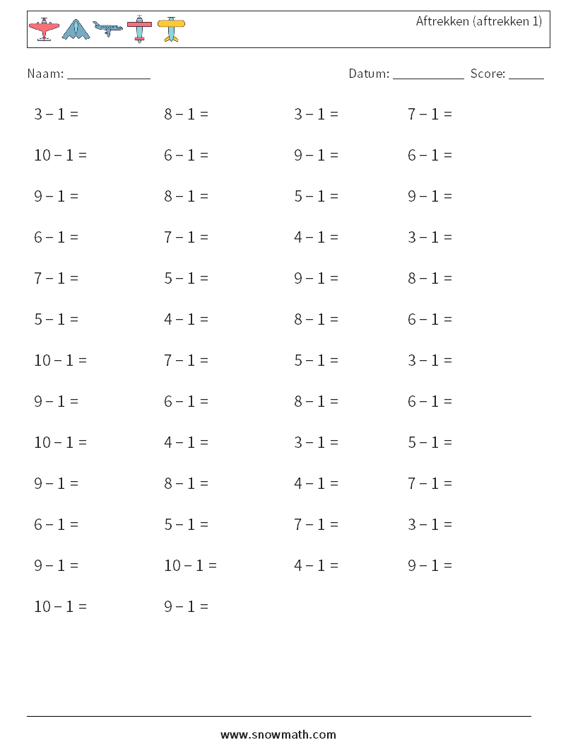 (50) Aftrekken (aftrekken 1) Wiskundige werkbladen 7