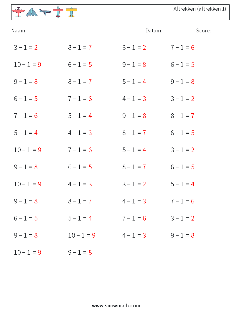 (50) Aftrekken (aftrekken 1) Wiskundige werkbladen 7 Vraag, Antwoord