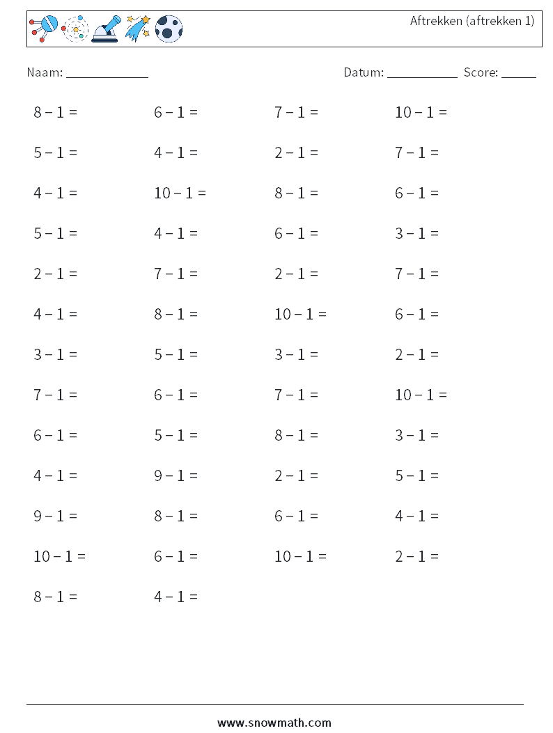 (50) Aftrekken (aftrekken 1) Wiskundige werkbladen 8