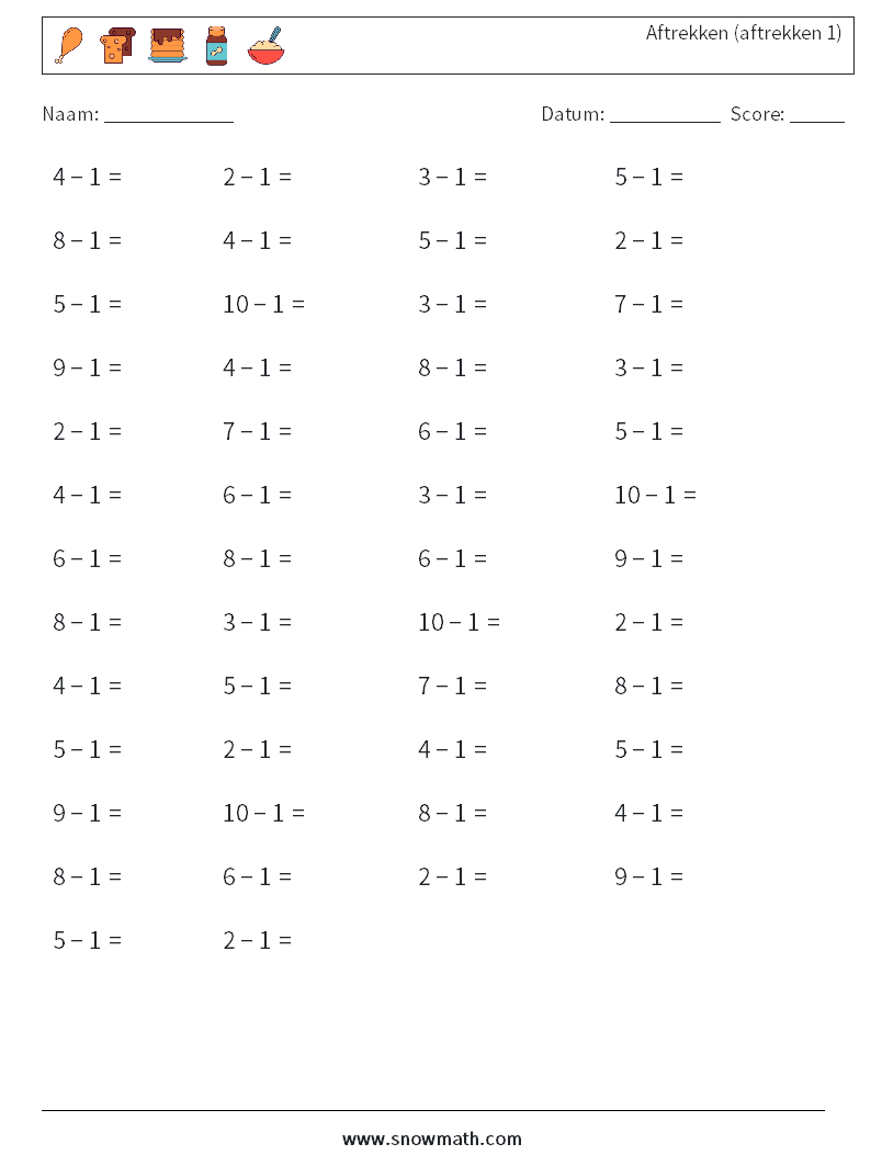 (50) Aftrekken (aftrekken 1) Wiskundige werkbladen 9