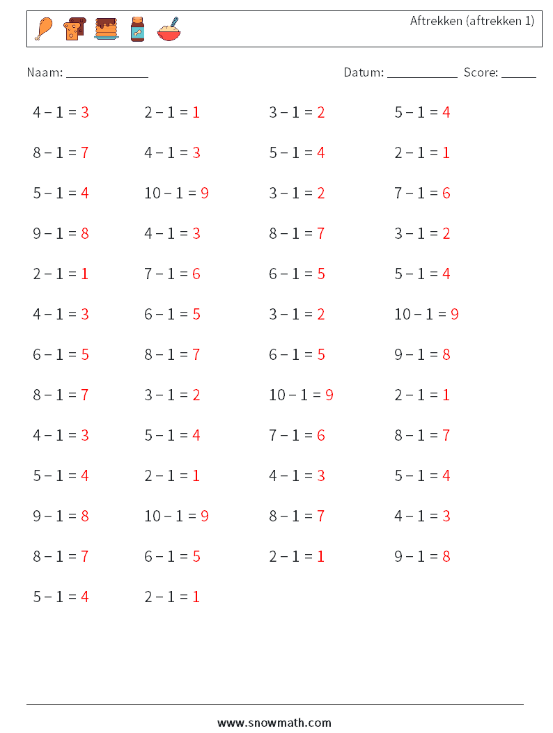 (50) Aftrekken (aftrekken 1) Wiskundige werkbladen 9 Vraag, Antwoord