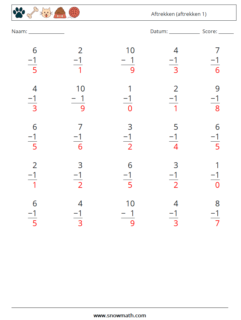 (25) Aftrekken (aftrekken 1) Wiskundige werkbladen 1 Vraag, Antwoord