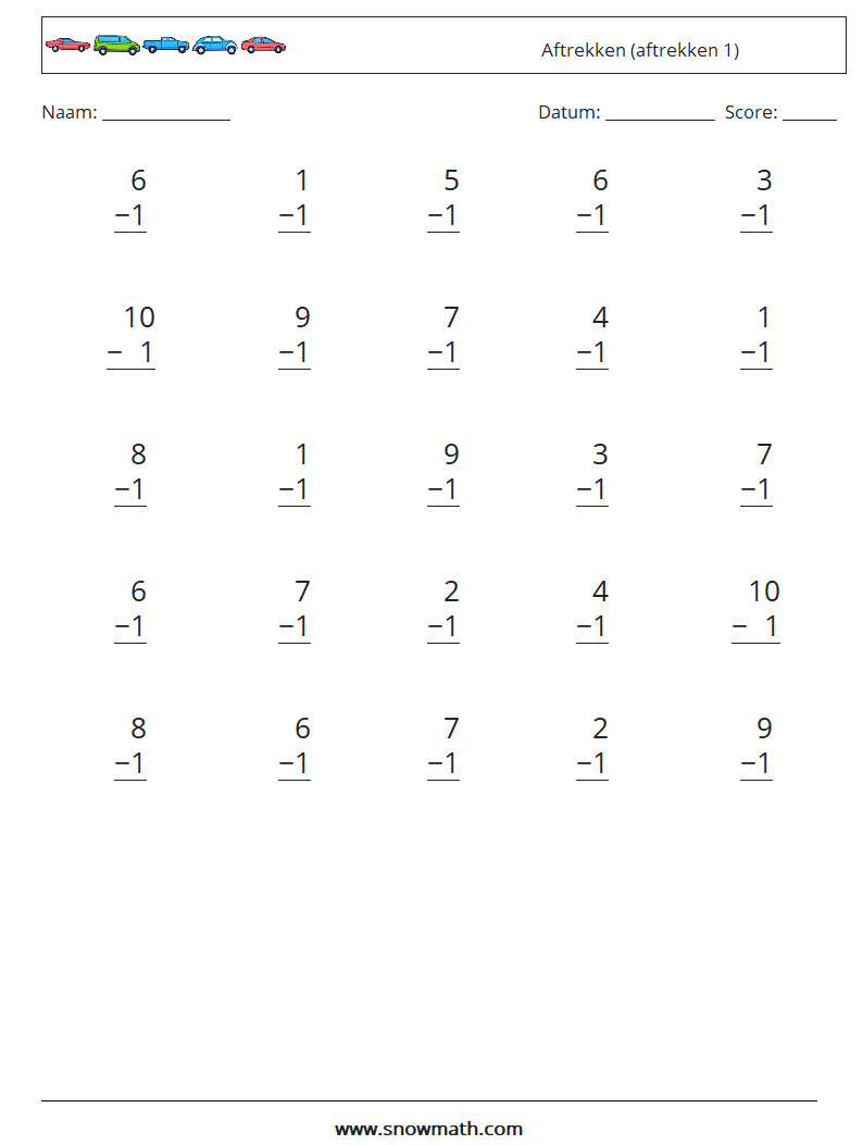 (25) Aftrekken (aftrekken 1) Wiskundige werkbladen 3