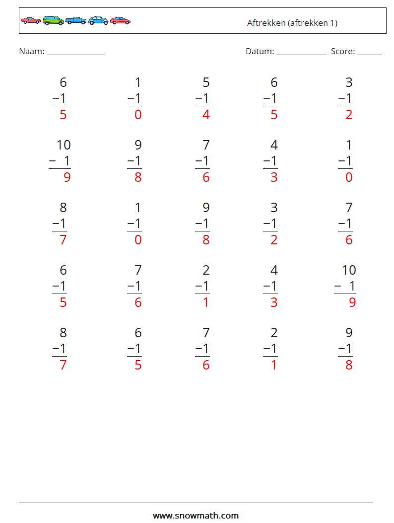 (25) Aftrekken (aftrekken 1) Wiskundige werkbladen 3 Vraag, Antwoord