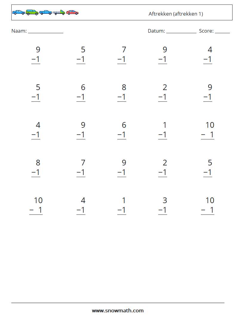 (25) Aftrekken (aftrekken 1) Wiskundige werkbladen 4