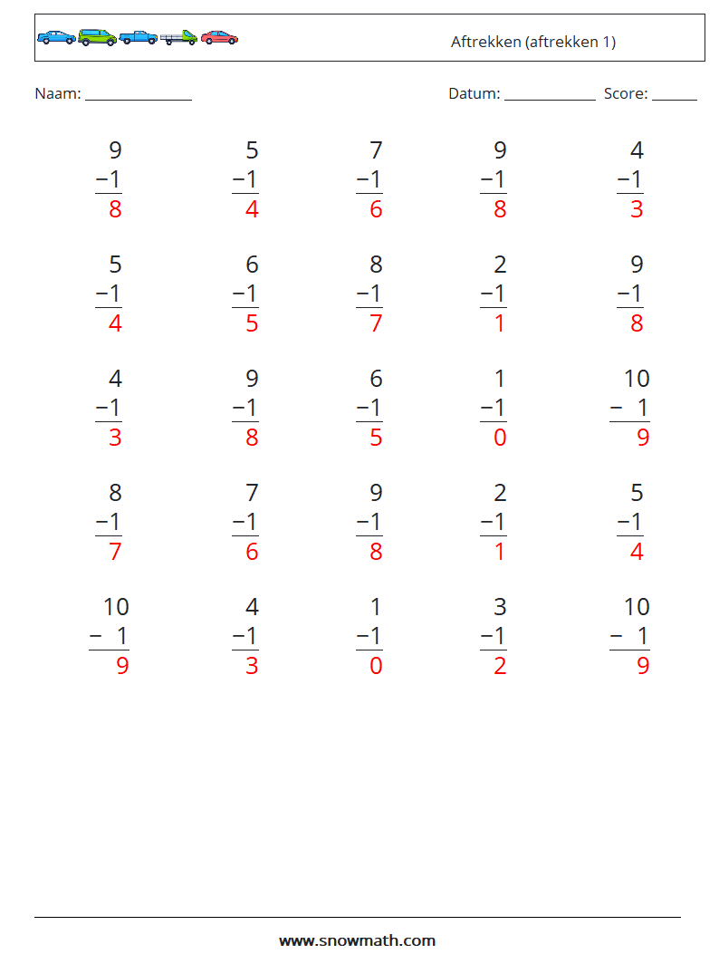 (25) Aftrekken (aftrekken 1) Wiskundige werkbladen 4 Vraag, Antwoord