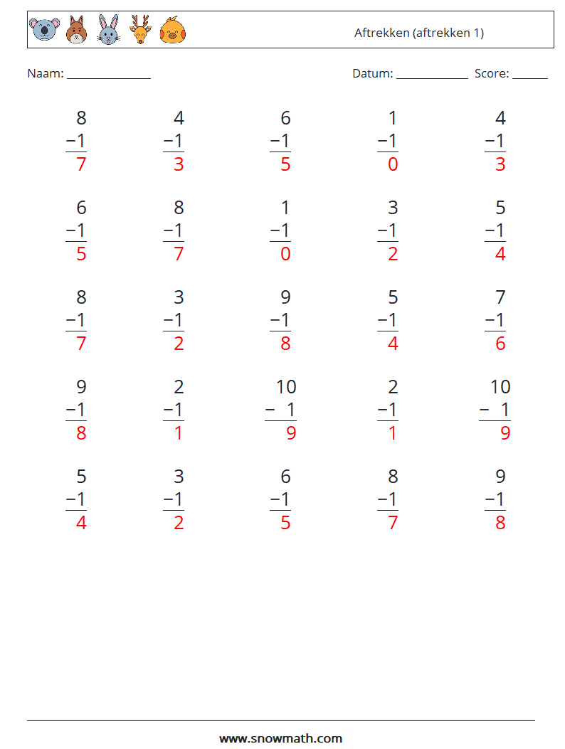 (25) Aftrekken (aftrekken 1) Wiskundige werkbladen 5 Vraag, Antwoord