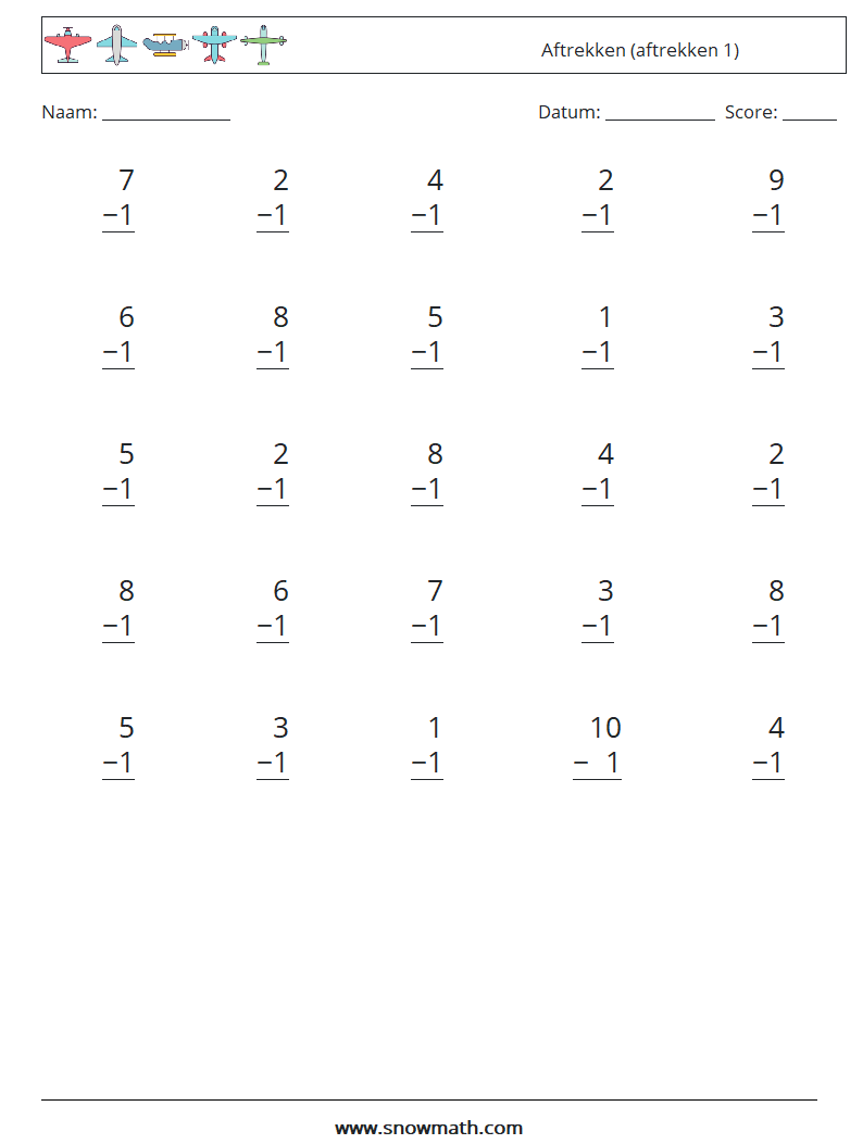 (25) Aftrekken (aftrekken 1) Wiskundige werkbladen 6