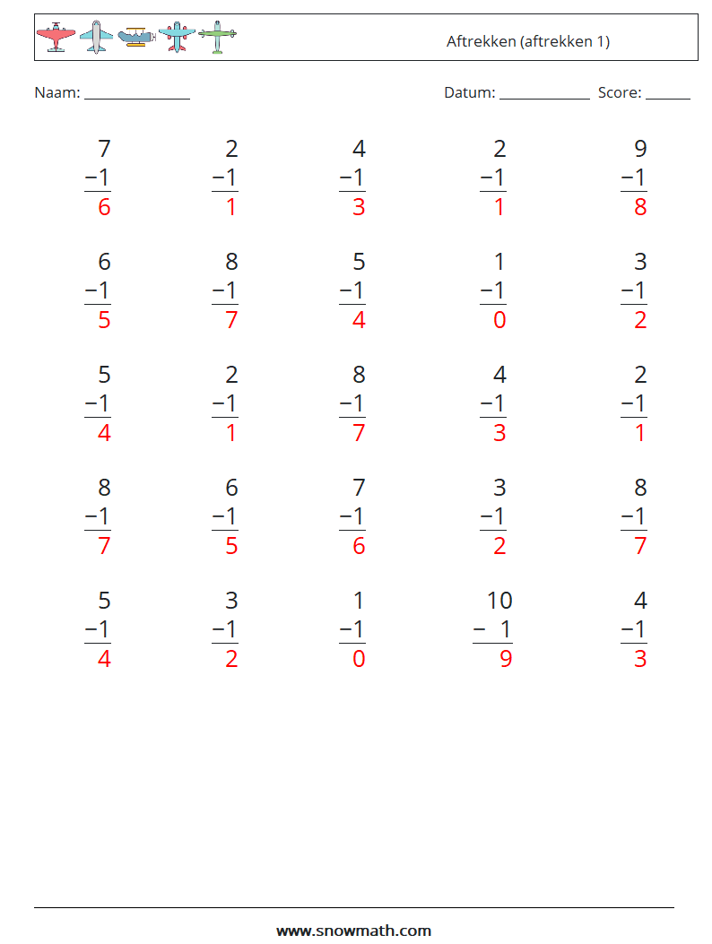 (25) Aftrekken (aftrekken 1) Wiskundige werkbladen 6 Vraag, Antwoord