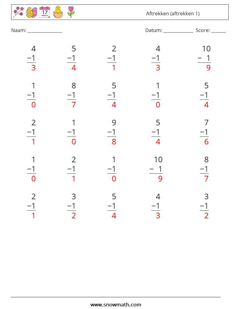 (25) Aftrekken (aftrekken 1) Wiskundige werkbladen 7 Vraag, Antwoord