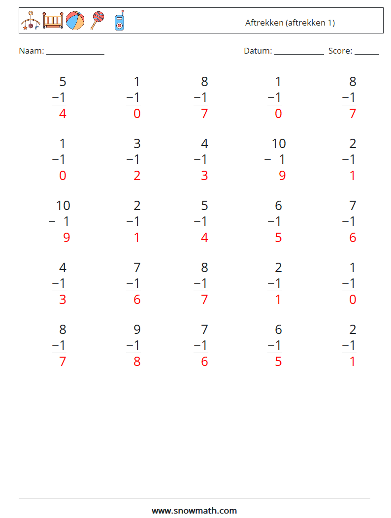 (25) Aftrekken (aftrekken 1) Wiskundige werkbladen 8 Vraag, Antwoord